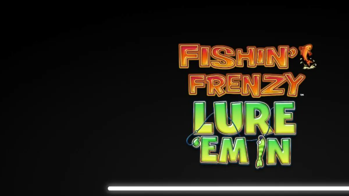 Tampilan antarmuka slot Fishin Frenzy Lure Em In dengan latar belakang danau yang tenang